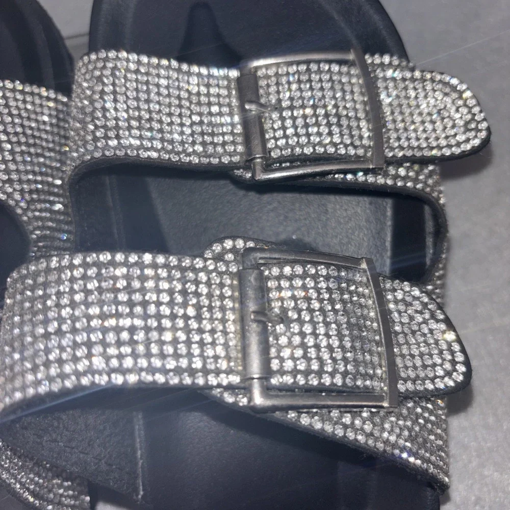 Madden Girl Women's Teddy-R Rhinestone and Black Footbed Sandals, Size 9 NWOB